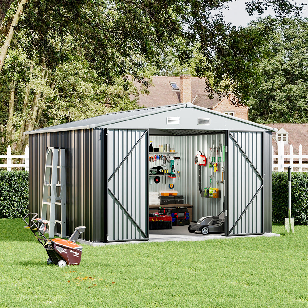 10x8ft Metal Lockable Grey Outdoor Garden Storage Shed Apex Roof